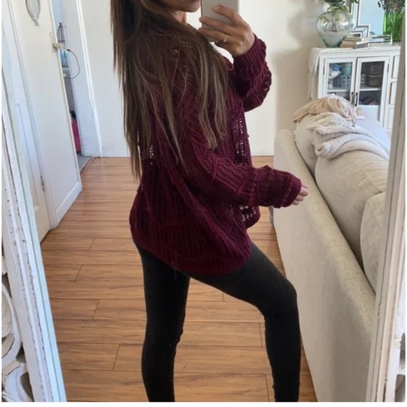🪞 NEW scoop neck oversized open knit long sleeve sweater in deep burgundy - Picture 4 of 4